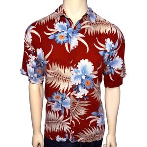 Cubavera Mens Large Rust Red Tropical Floral Viscose Rayon Short Sleeve Shirt